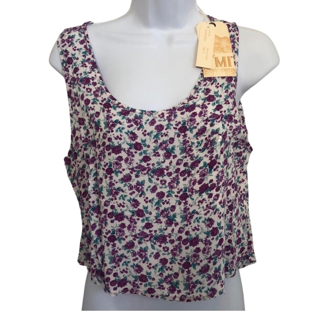 YMI Womens Cropped Floral‎ Tank Top Purple White Cutout Back Size S